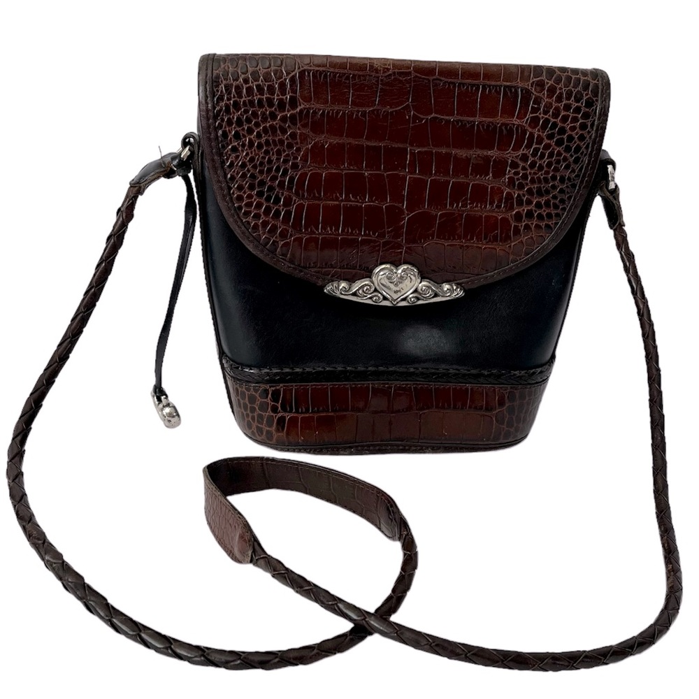 Brighton Vintage Leather Crossbody Bucket Bag, Brown & Black Heart Charm